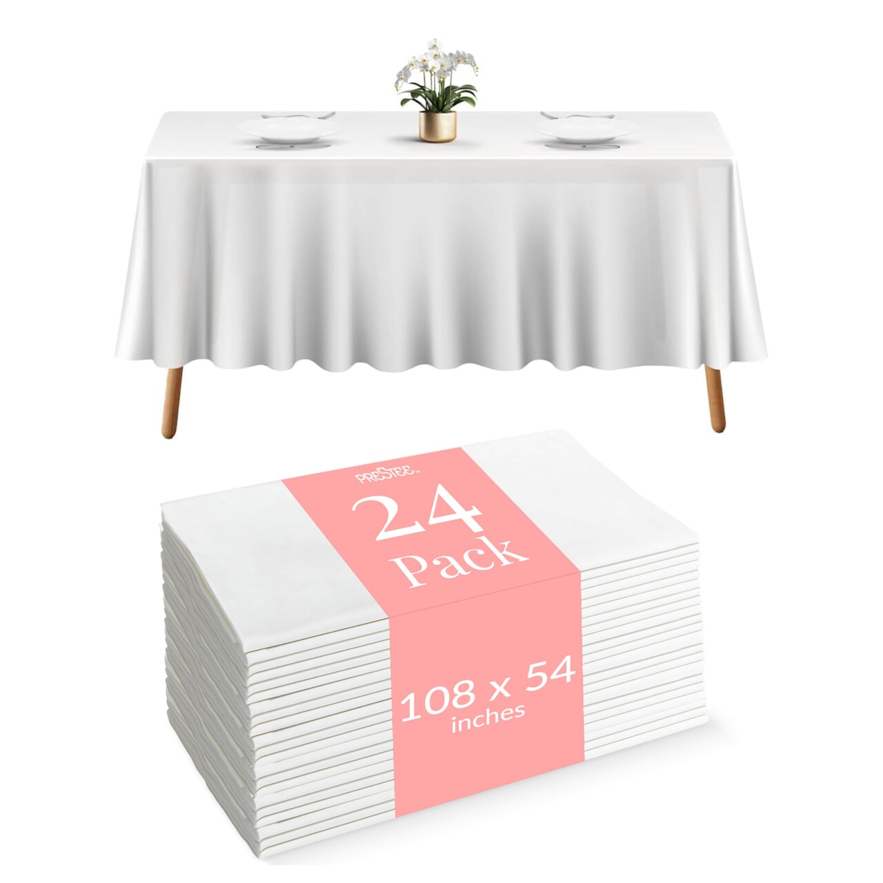 Prestee 24 Plastic Table Cloth Disposable - 108 x 54 White Tablecloth Rectangle - Plastic Table Cover for Parties, BBQs, Weddings, Outdoor Gatherings, and Fine Dining Events